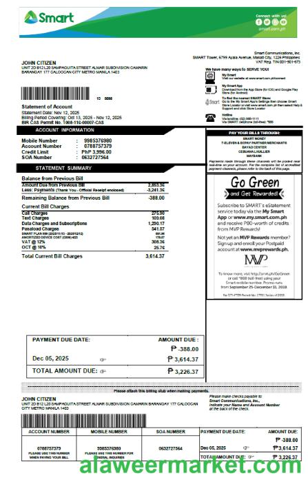 Philippines Smart utility bill template in Word and PDF formats, version 2